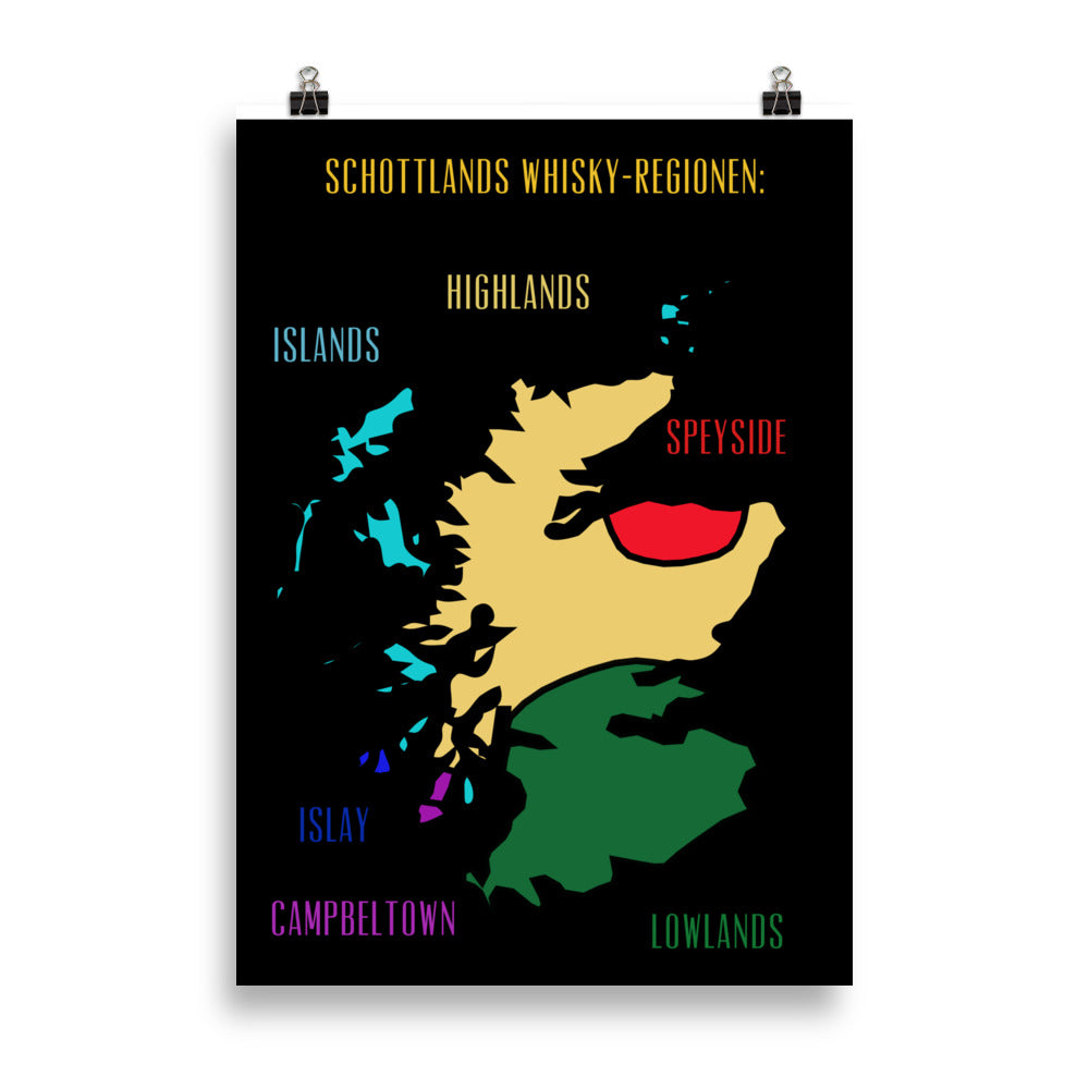 Poster: Schottlands Whisky-Regionen (schwarz/bunt) - The Pot Still
